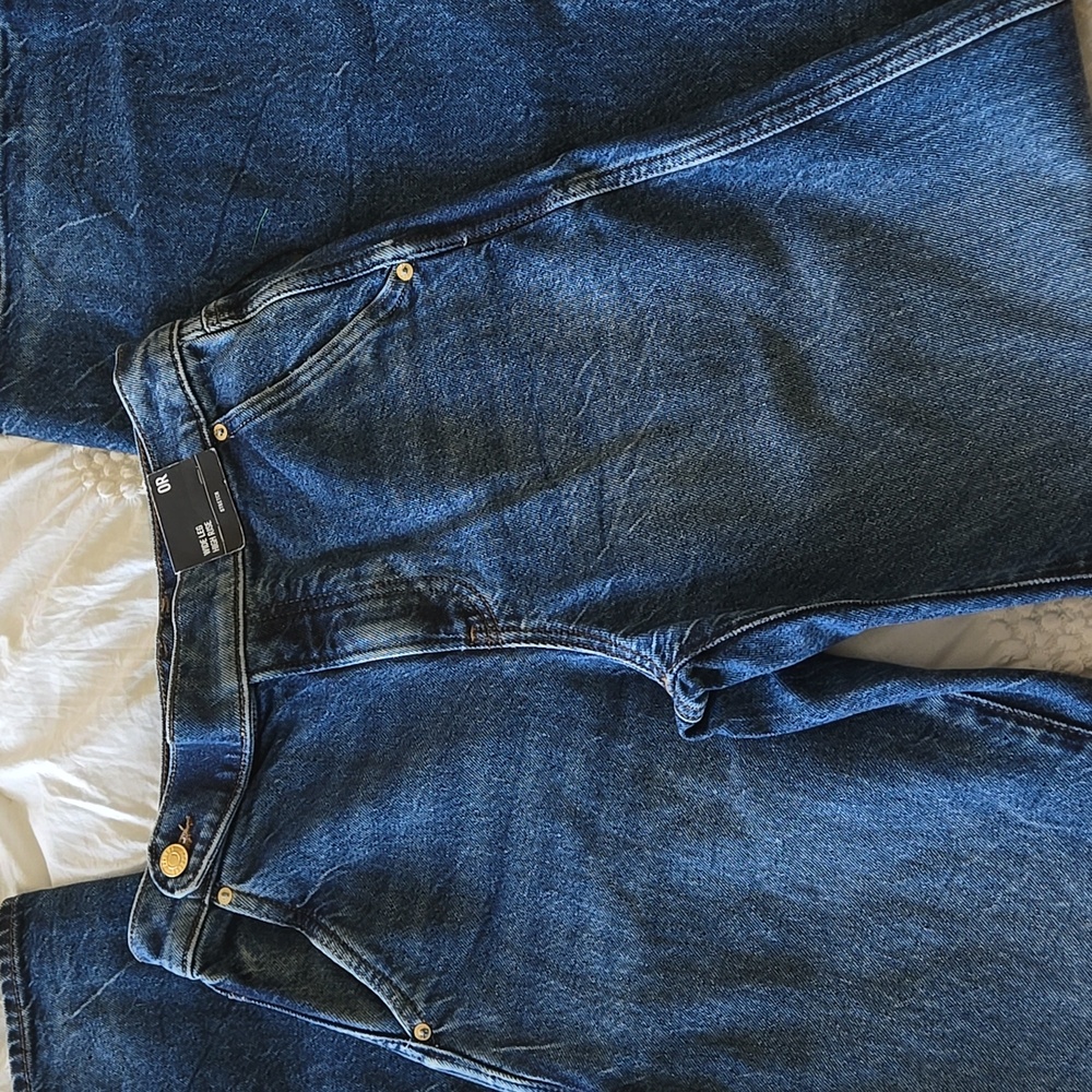 Blue Flare Wide Leg Jeans with Raw Hem